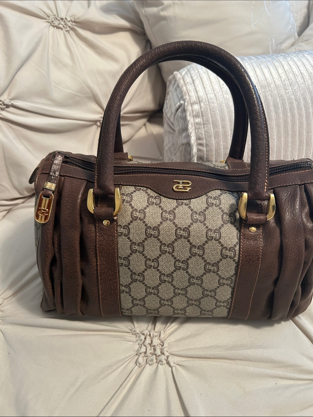 Gucci Brown Leather and Beige GG Canvas Satchel with Gold Hardware very Rare